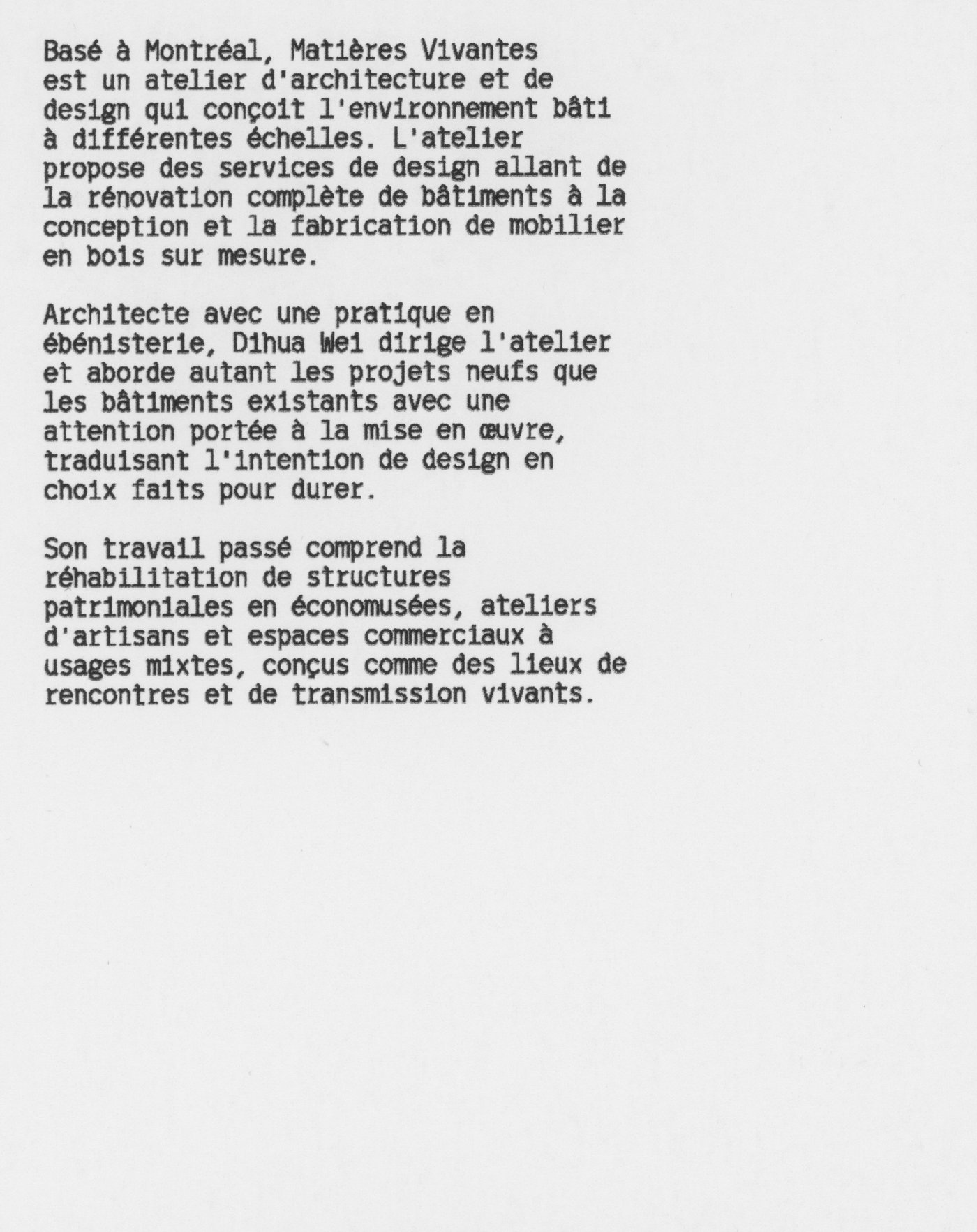 Matières Vivantes — studio statement, French